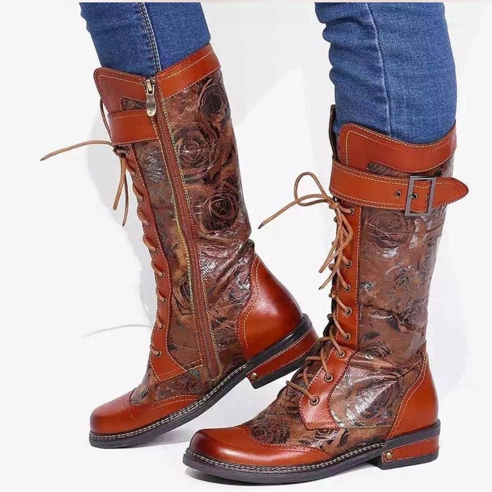 Socofy than and brown Floral Lace-Up Leather Boots size 7 NWOT